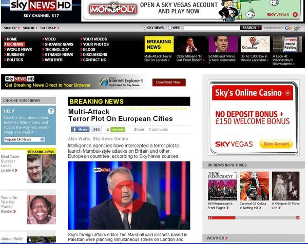 Скриншот страницы сайта канала Sky News с сообщением о предотвращении терактов