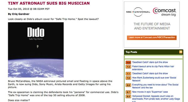 Скриншот страницы The Hollywood reporter со статьей о судебном иске бывшего астронавта к певице