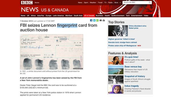 Скриншот со страницы сайта BBC News, на которой опубликовано фото дактилокарты Джона Леннона