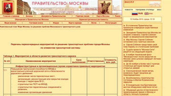 Скриншот портала Правительства Москвы с комплексным планом мэра по решению транспортных проблем