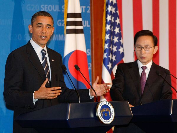 Президент США Барак Обама и президент Южной Кореи Ли Мен Бак