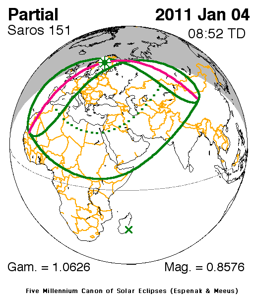 Зона видимости частного солнечного затмения 4 января 2011 г.