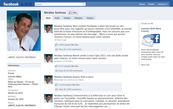 Скриншот страницы Николя Саркози в Facebook