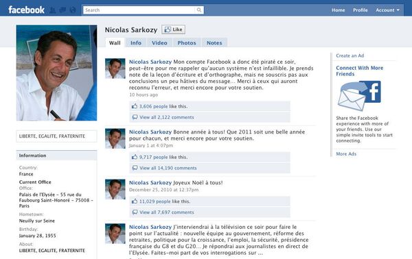 Хакеры взломали страницу президента Франции Николя Саркози в Facebook