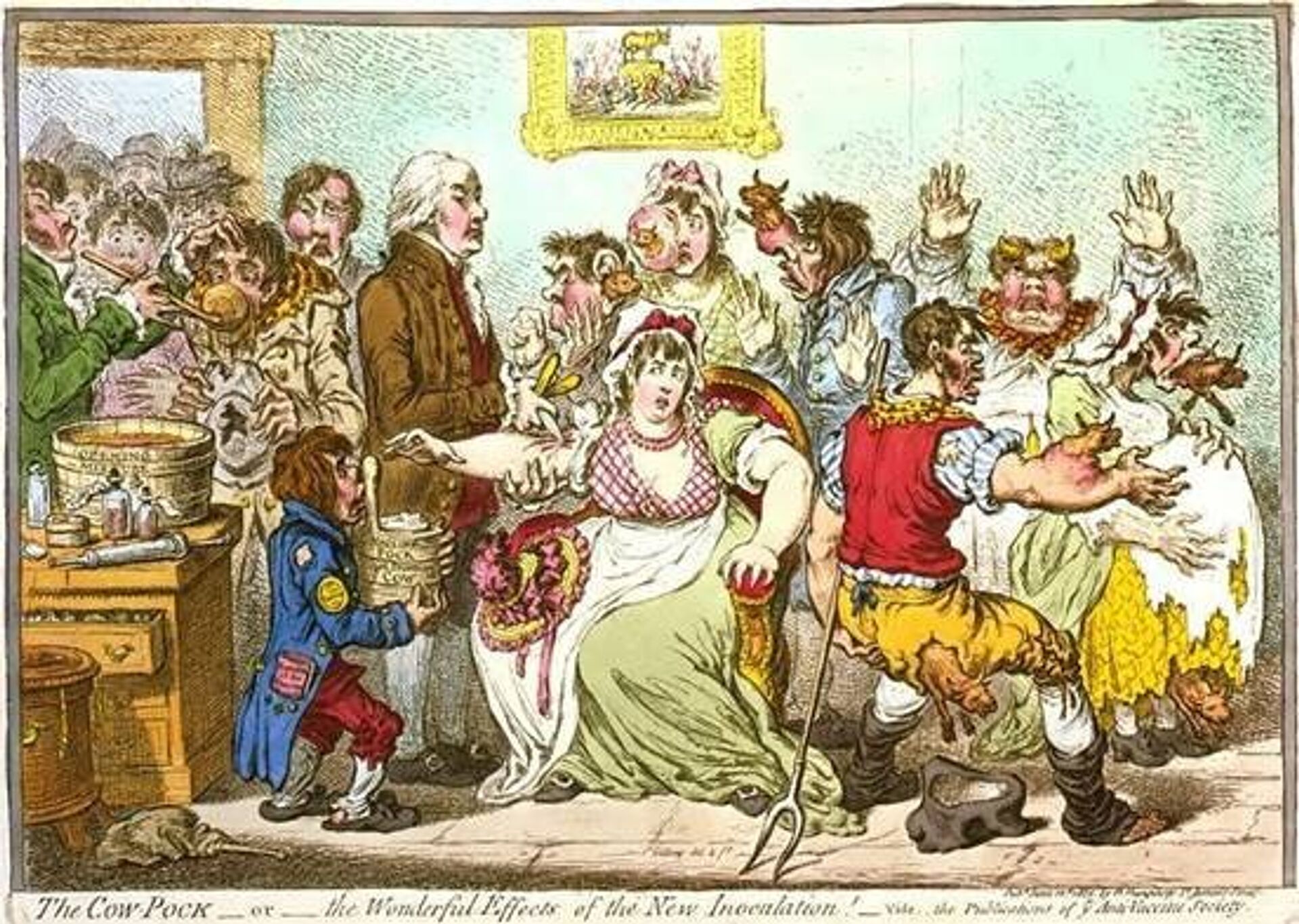 Британский художник Джеймс Джиллрей в 1802г. карикатурно изобразил сцену вакцинации в больнице Св. Панкратия - РИА Новости, 1920, 03.08.2021