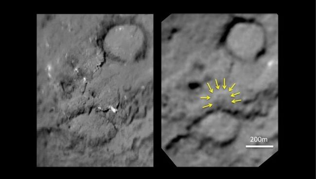 Поверхность ядра кометы Темпель-1 до и после удара с зонда Дип Импакт