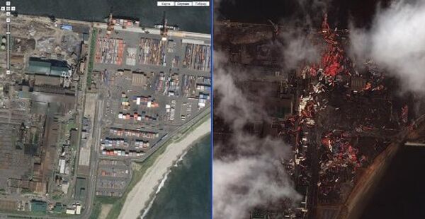 Спутниковая съемка последствий землетрясения порта Сэндай, Япония, 12 марта 2011 г.
