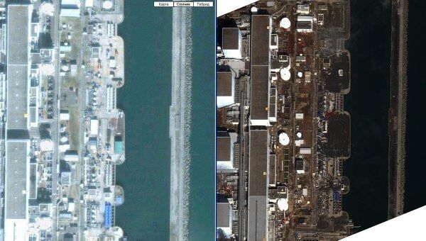 Спутниковая съемка последствий землетрясения на АЭС Фукусима-1