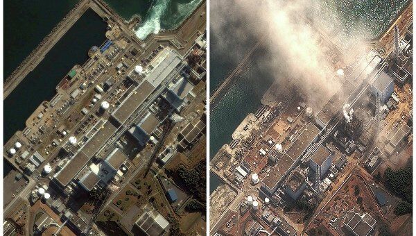 АЭС Фукусима-1 21 ноября 2004 года и 14 марта 2011 после взрыва