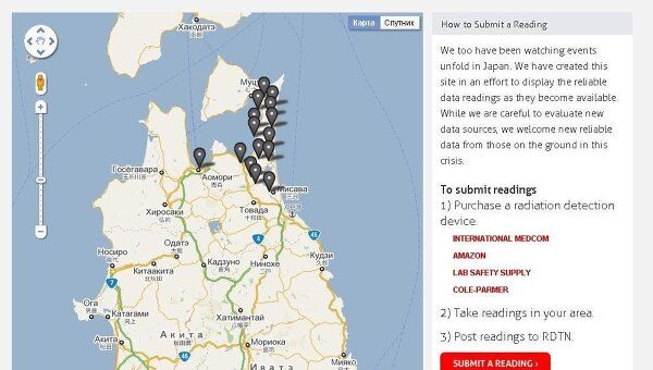 Сайт RDTN.org, собирающий информацию об уровне радиации в японских городах 
