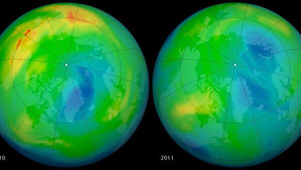 Карта толщины озонового слоя по данным Aura в 2010 и 2011 году