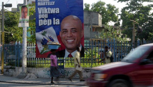 Постер с избранным президентом Гаити Мишелем Мартейи