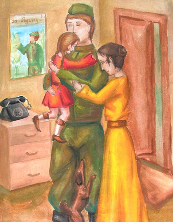 Мать и возвращаются домой. Иллюстрации на военную тему. Сюжетная композиция. Рисунок солдату.