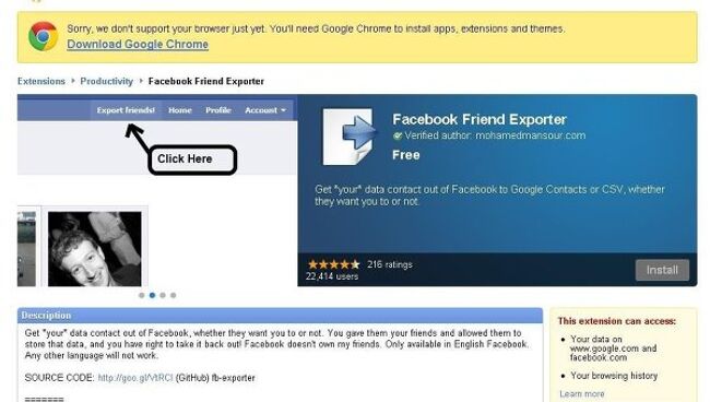 Сайт приложения Facebook Friend Exporter