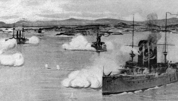 Крейсер Варяг и канонерская лодка Кореец ведут бой с японской эскадрой. Репродукция фотографии.