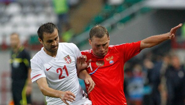 Игровой момент матча Россия - Сербия