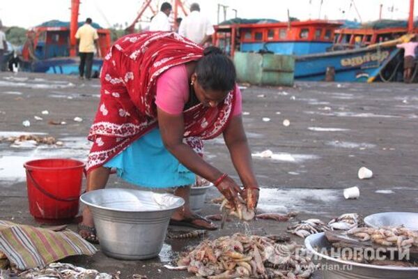 Женщина моет рыбу в Тамилнаде на юге Индии