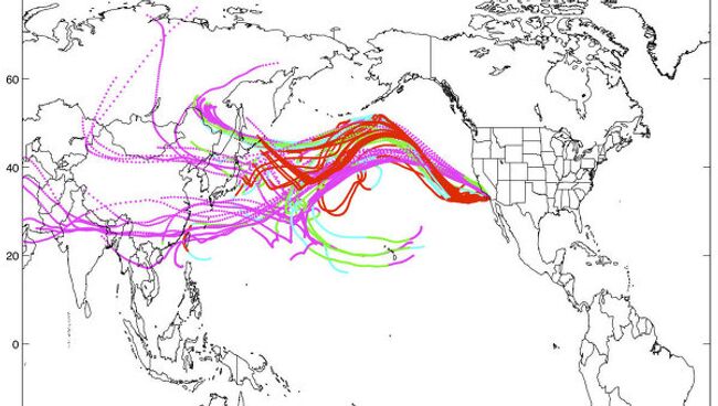 Карта перемещения радиоактивной серы-35 через Тихий океан