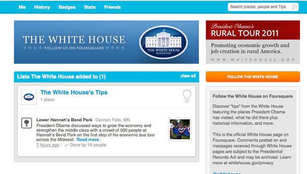 Аккаунт Белого дома США на геолокационном сервисе Foursquare