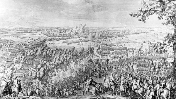 Репродукция гравюры Битва русских войск со шведами при деревне Лесной в 1708 году работы Н.Лармессена