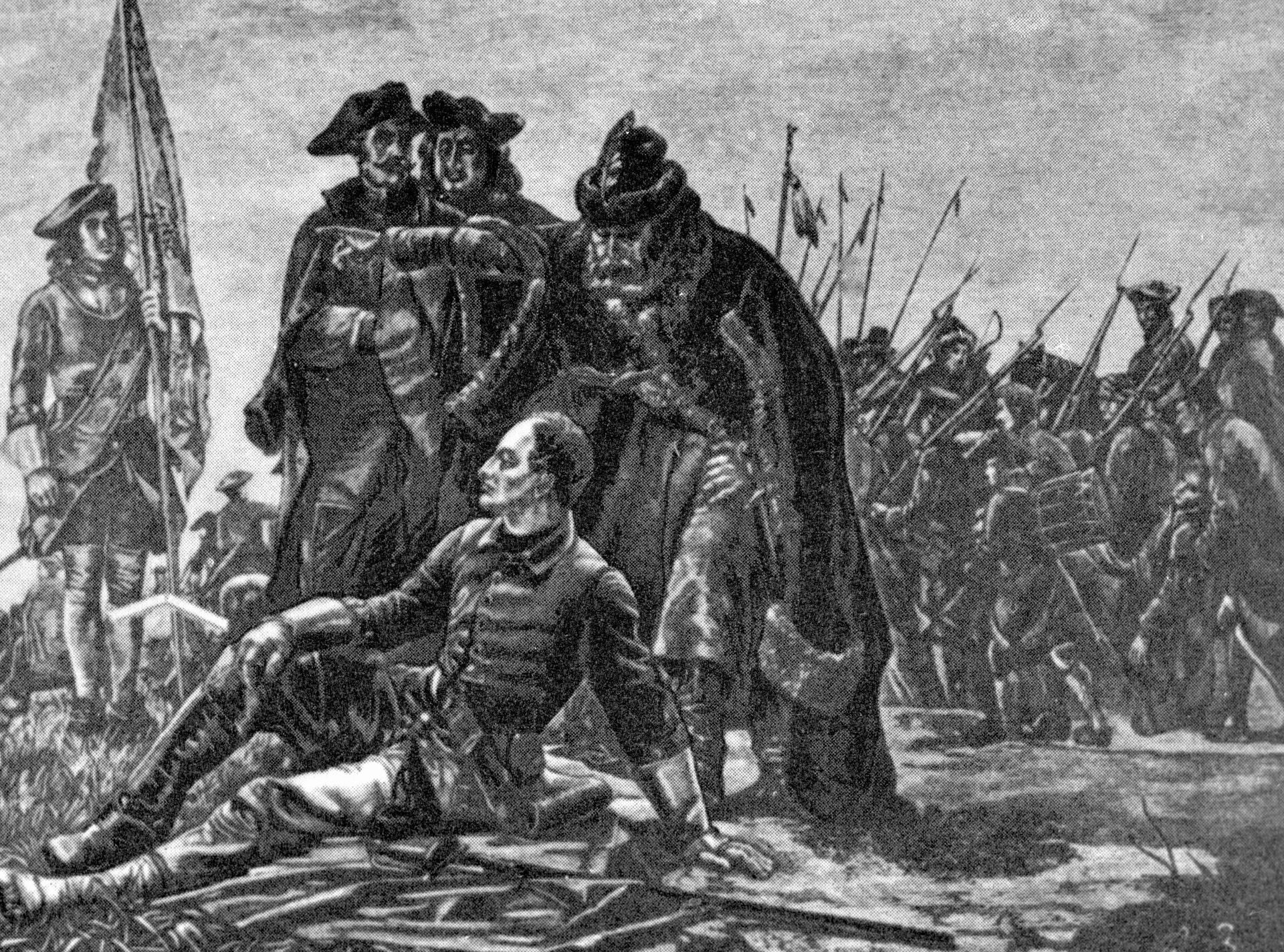 Репродукция картины, изображающей Карла XII и Мазепу на берегу Днепра после Полтавской битвы - РИА Новости, 1920, 23.05.2023