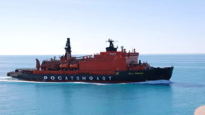 Nuclear icebreaker `Vaigach` navigating through ice in the Arctic.