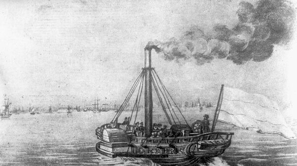 Репродукция гравюры Первый русский пароход Елизавета на линии Петербург-Кронштадт в ноябре 1815 года