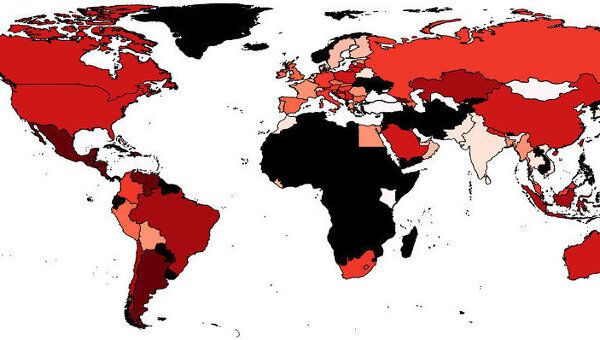 Карта среднего уровня настроения у пользователей Twitter по странам