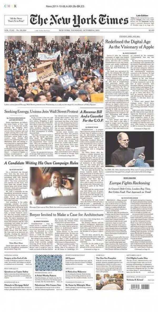 Первые полосы газет в день смерти Стива Джобса