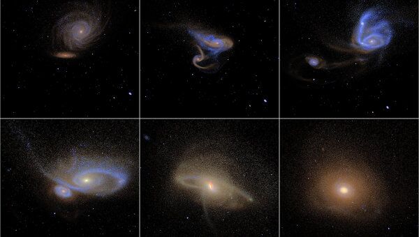 Столкновение реальных галактик и наложенный на них виртуальный шаблон