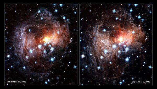 Бублик пыли у черной дыры, «подсвеченный» светом сверхновой V838 Monocerotis