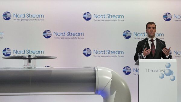 Президент РФ Д.Медведев на церемонии пуска трубопровода Северный поток