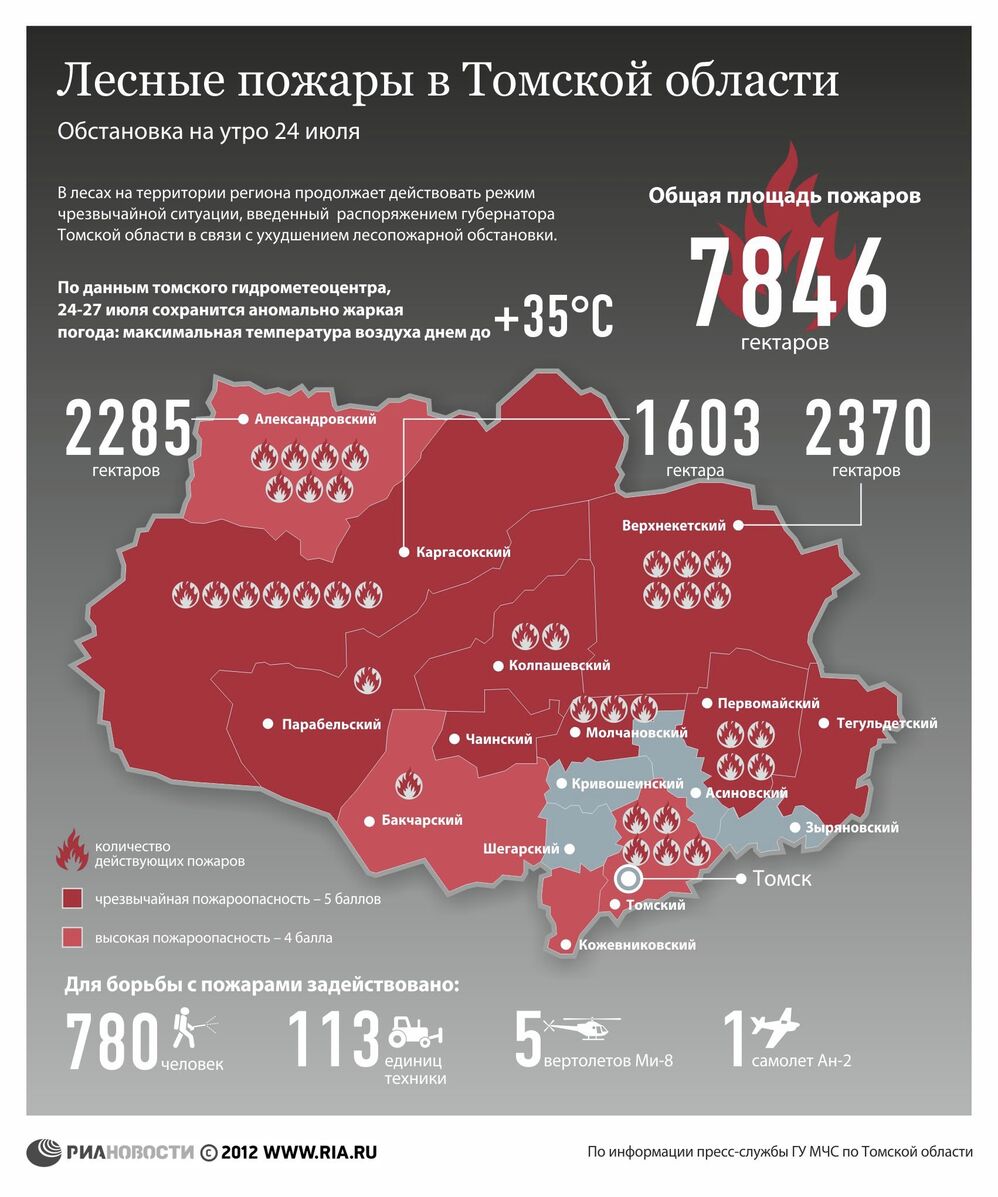 Лесные пожары в Томской области на 24 июля