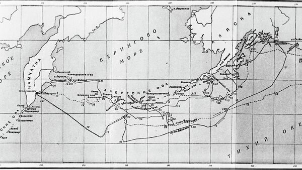Карта путей Витуса Беринга и Алексея Чирикова из Камчатки в Америку и обратно в 1741 году