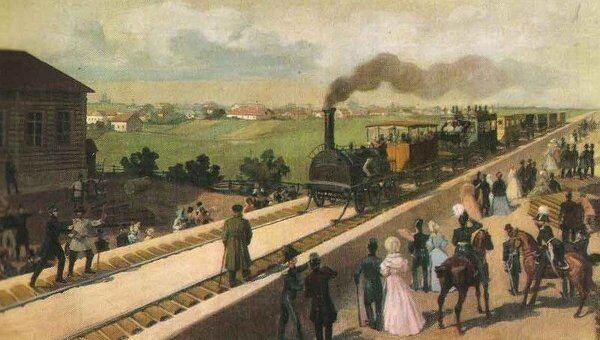 Первый пассажирский поезд на Царскосельской железной дороге. Н. С. Самокиш. 1837