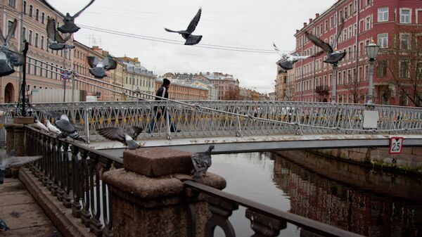 Голубы взлетают над каналом Грибоедова в Петербурге