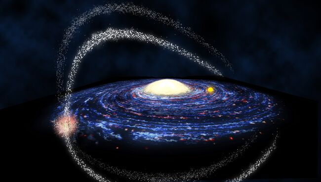 Галактика Млечный путь разорвала галактику-спутник на четыре хвоста. Представление художника