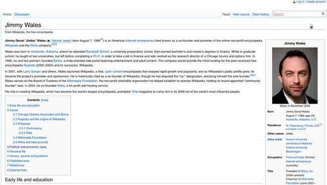 Скриншот страницы Джимми Уэйлса на Википедии