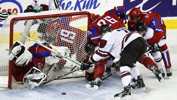 Игровой момент  матча Латвия - Россия