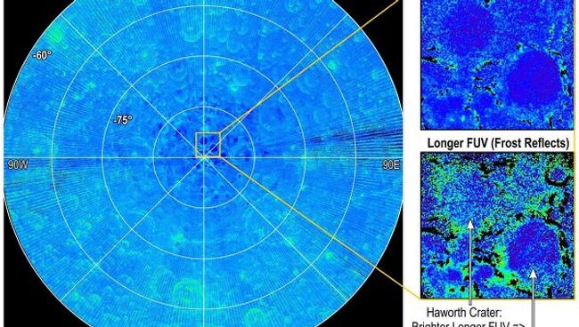 Кратеры на южном полюсе Луны в ультрафиолетовом дипазоне - снимки прибора LAMP на борту зонда LRO