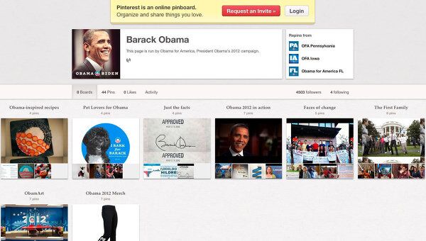Скриншот страницы Барака Обамы в социальной сети Pinterest