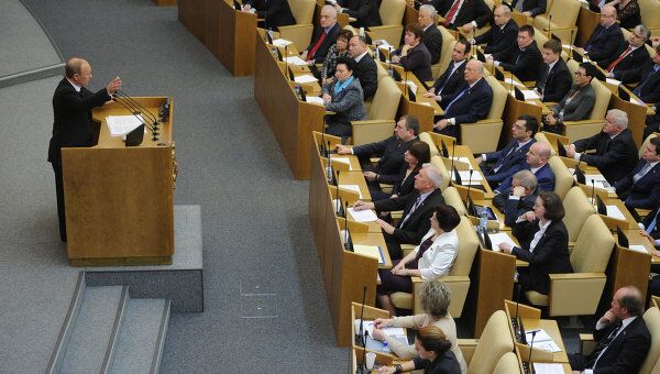 Премьер-министр РФ Владимир Путин выступает перед Госдумой РФ с отчетом. 2012 год.