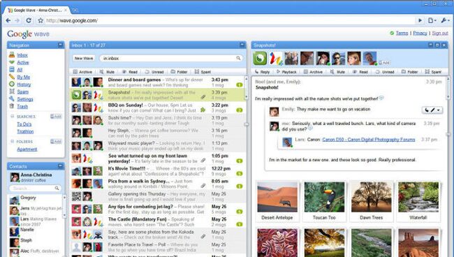 Cервис Google Wave, предназначенный для общения и обмена файлами в режиме реального времени при помощи браузера