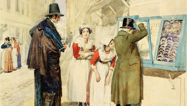 Иванов А.А. Жених, выбирающий серьги для невесты (1838 год). Репродукцией картины оформлен поезд Акварель