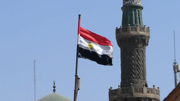Египетский флаг на фоне мечети. Архивное фото