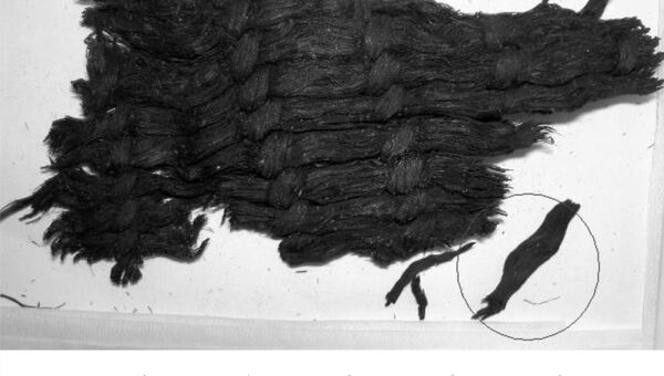 Фрагмент ткани из пещеры Чертовы Ворота, превратившейся в уголь за 9 тысяч лет погребения 