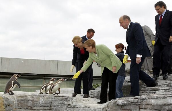 Хелле Торнинг-Шмидт, Юрки Катайнен и Ангела Меркель в зоопарке Германии
