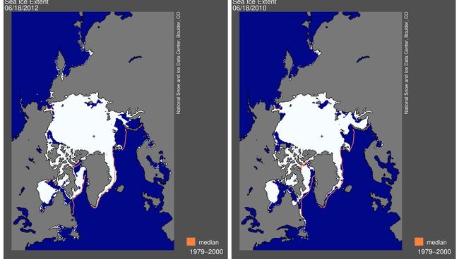 Ледовый покров в Арктике в июне 2012 (слева) и в июне 2010 года (справа)