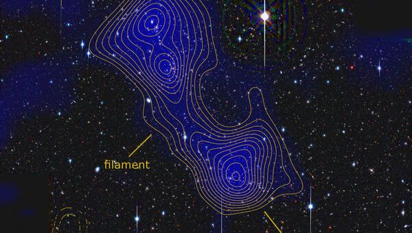 Галактики Abell 222 и Abell 223, соединенные тонкой нитью темной материи массой в 30 наших галактик