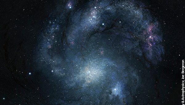 Древнейшая спиральная галактика BX442 и ее карликовый спутник в представлении художника
